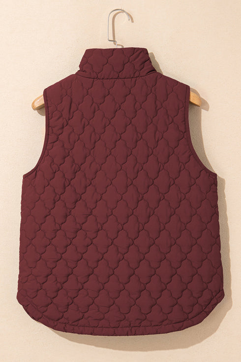 Stand Collar Flower Quilted Snap Button Zip Vests